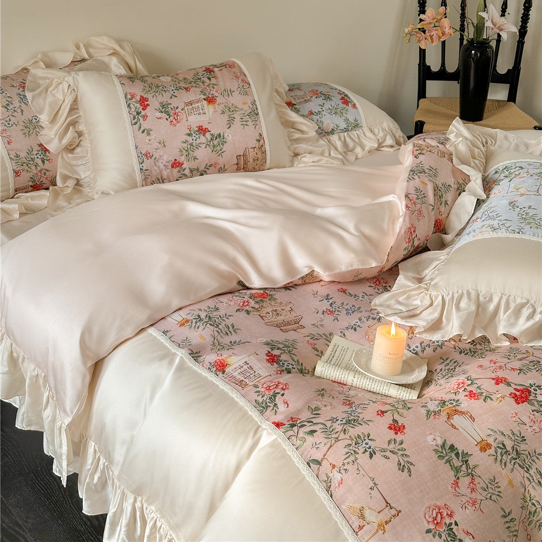 Overhead view of silky ruffled floral TENCEL™ bedding