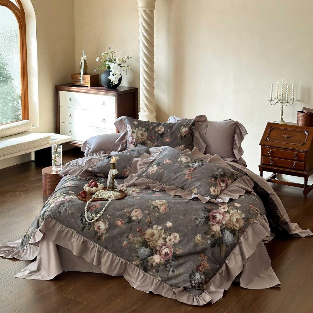 French floral cotton bedding set with taupe ruffles and vintage dark floral print