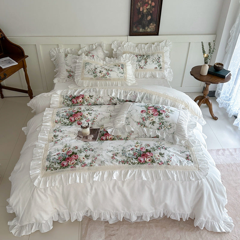 French rose cotton bedding set in white with ruffled details