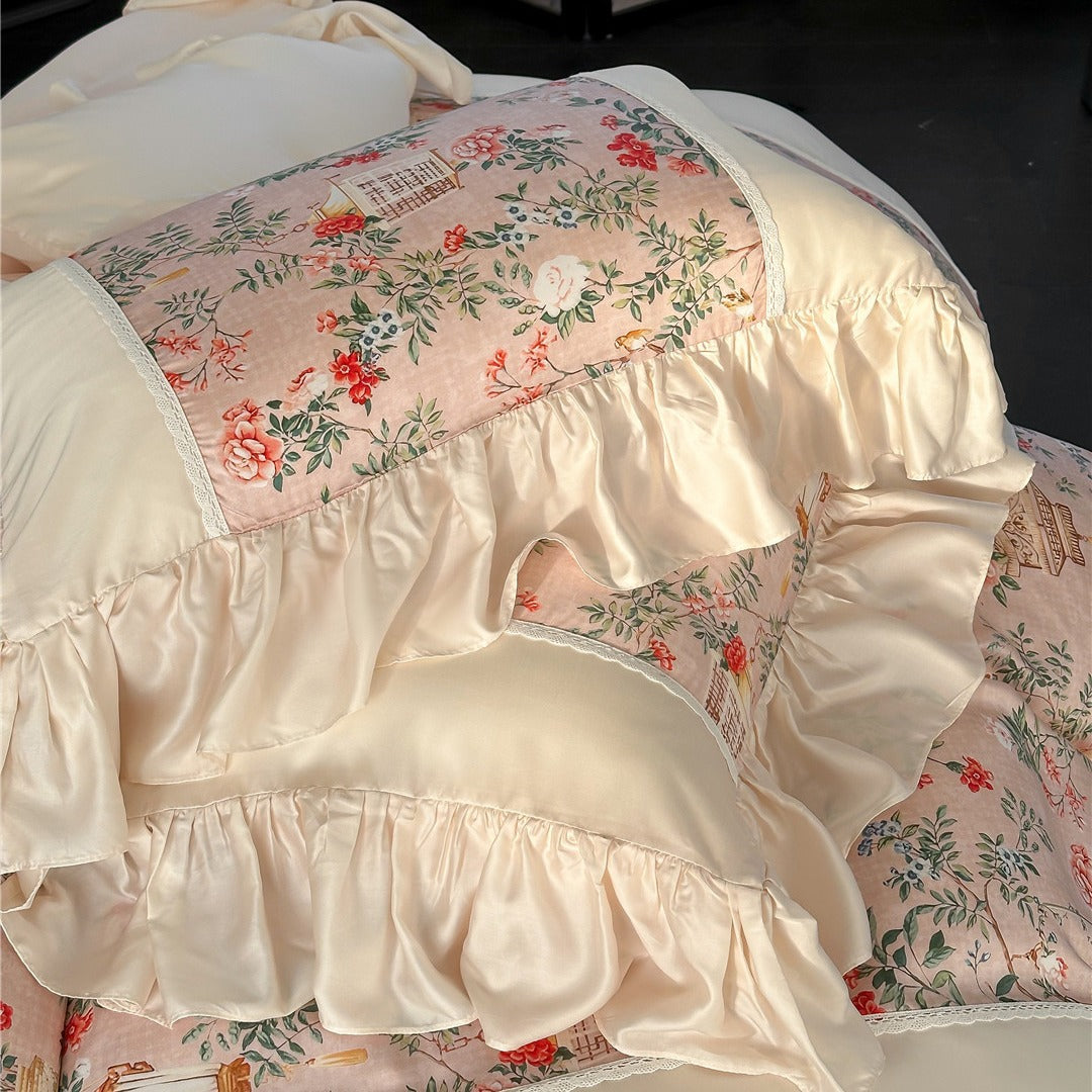 Ruffled pillowcase detail from TENCEL™ floral bedding set
