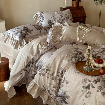 Soft cotton bedding set in ivory with digital flower print and ruffles