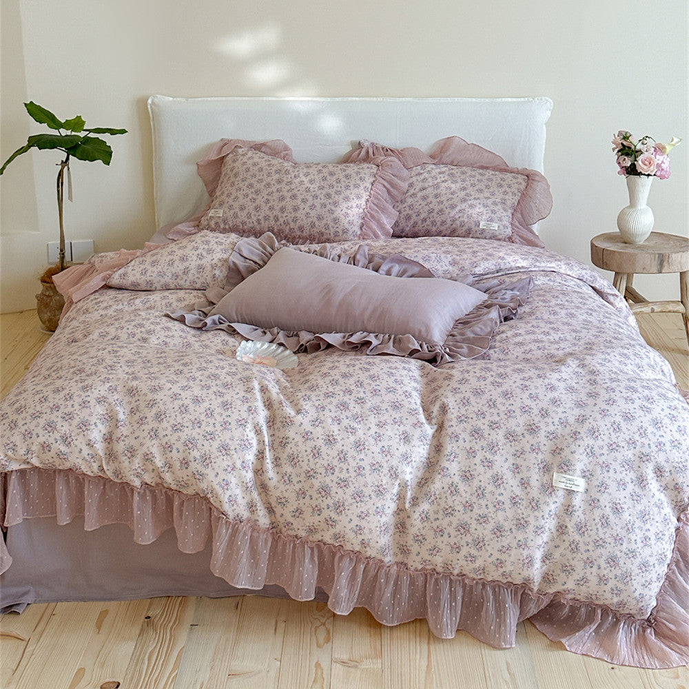 Lavender Floral Ruffled Cotton Gauze Bedding Set