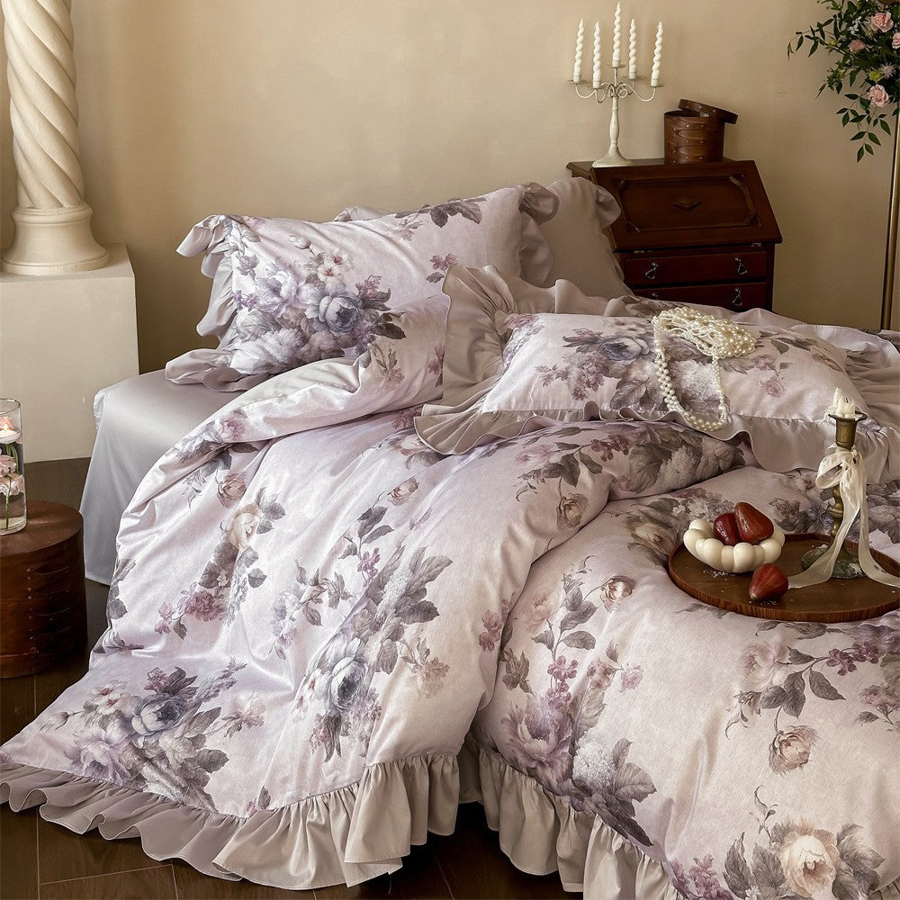 Soft cotton bedding set with digital lilac floral print and ruffled trim