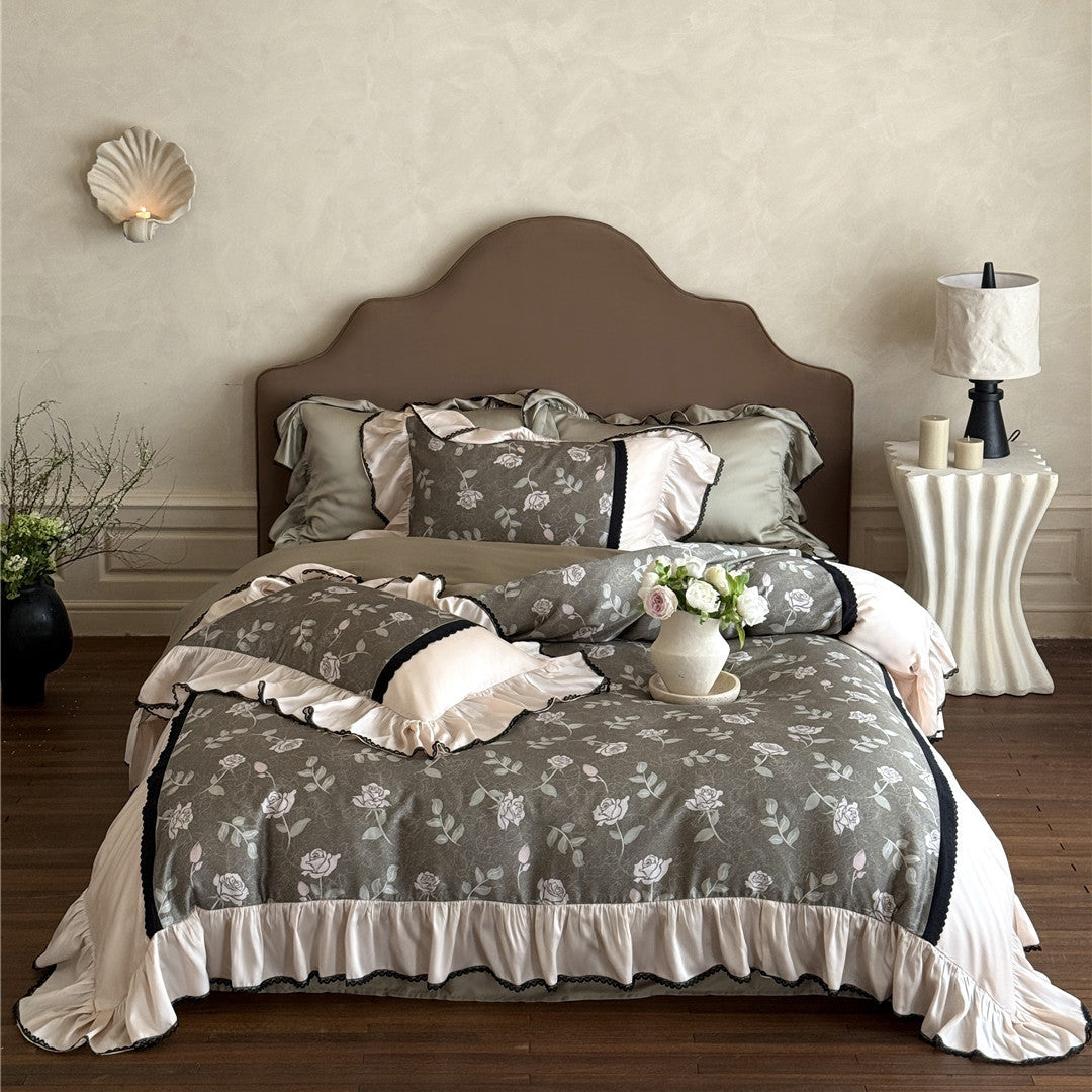 Olive gray TENCEL floral bedding set with romantic ruffle details