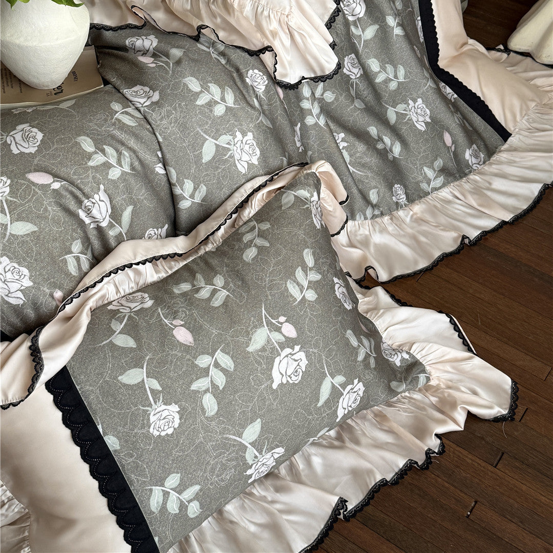 Olive gray rose floral pillowcase with ruffle and lace trim