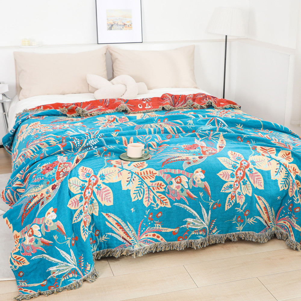 Reversible floral throw blanket showing both front and back colors
