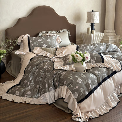 Romantic bedroom with olive gray rose TENCEL bedding and flowers