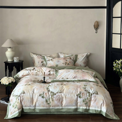 Front view of full rose garden bedding set in green tones