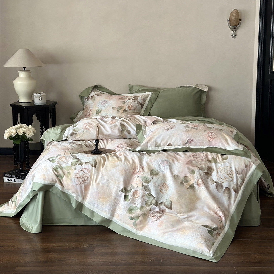 Main image of rose garden duvet cover with green trim