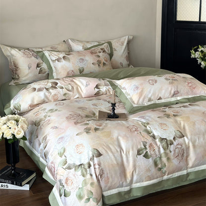 Side angle view of green floral duvet cover with matching shams