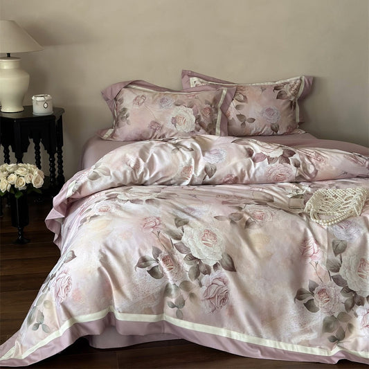 Main view of rose garden duvet cover set in soft pink with floral pattern