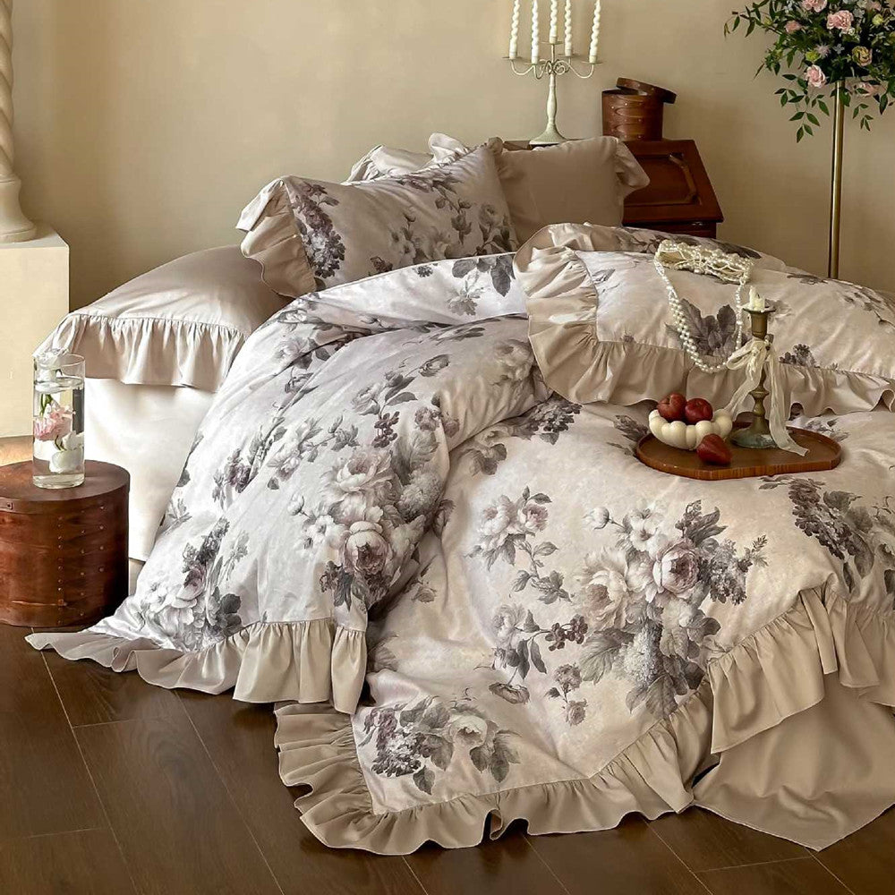 Ruffled cotton bedding in soft ivory with vintage rose floral pattern