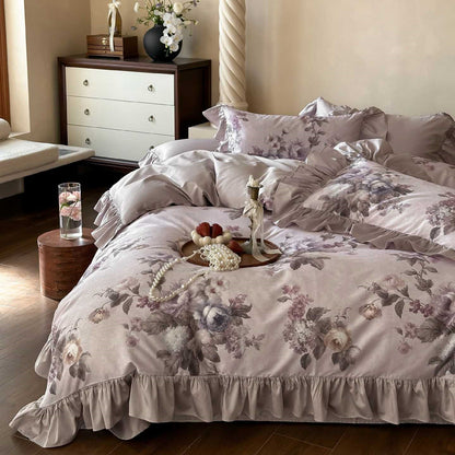 Ruffled cotton bedding in soft lilac floral print