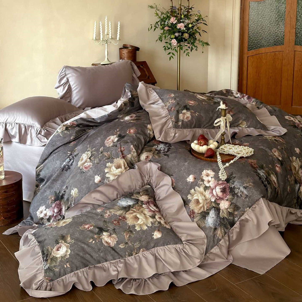 Ruffled cotton bedding set in taupe with soft dark floral digital print