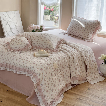 Vintage Rose Floral Comforter – Cotton Gauze with Ruffles