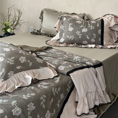 Olive gray TENCEL comforter set with floral print and beige ruffled layers