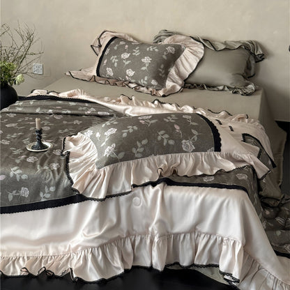 Soft olive gray floral bedding set in TENCEL with romantic ruffle trim
