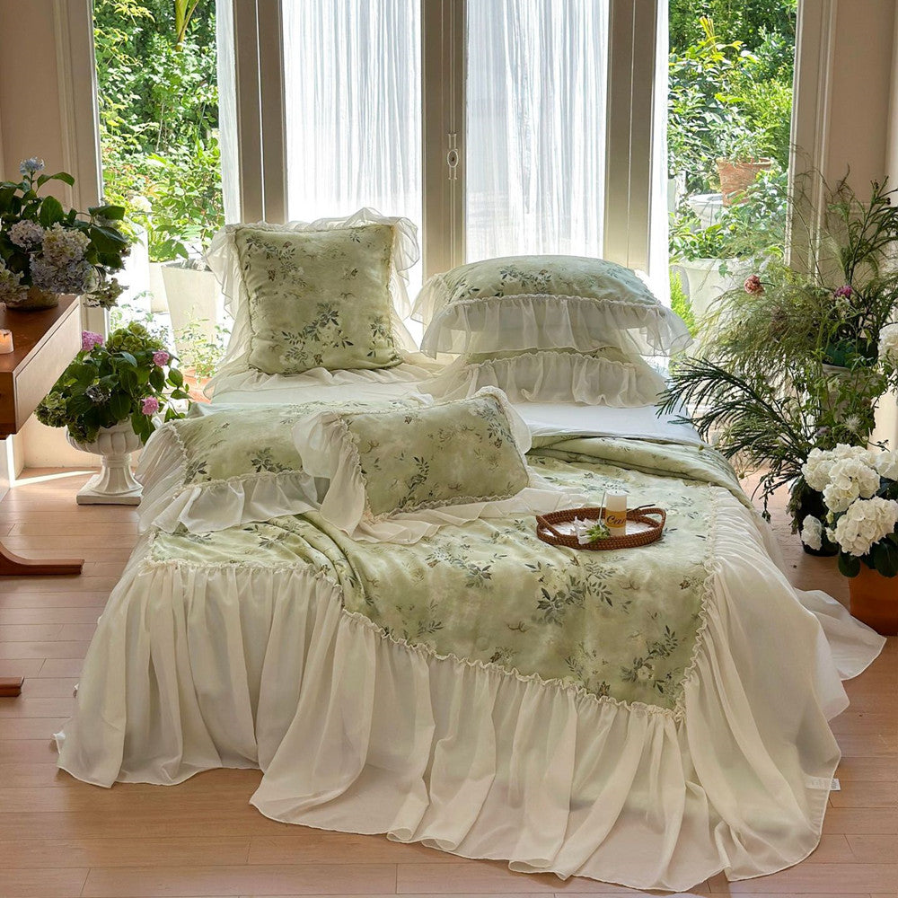 Green floral TENCEL comforter with ruffle trim