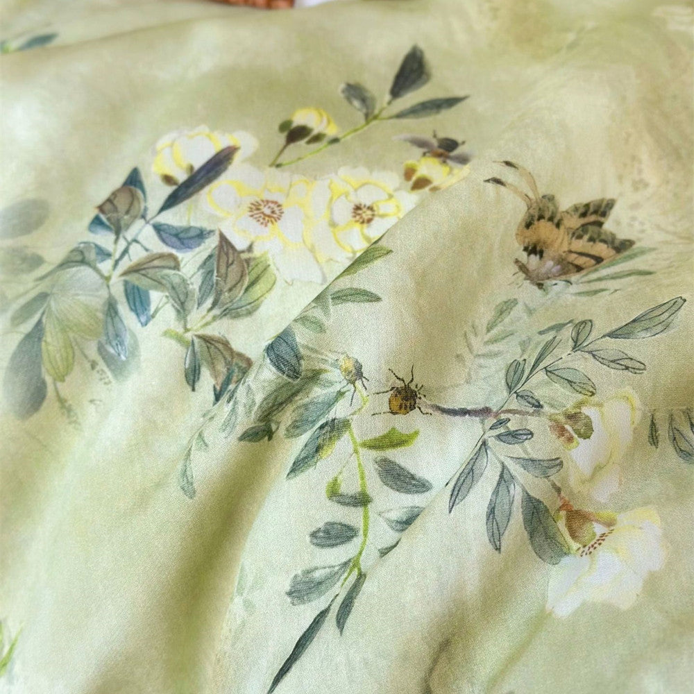 Close-up of TENCEL floral print with butterflies