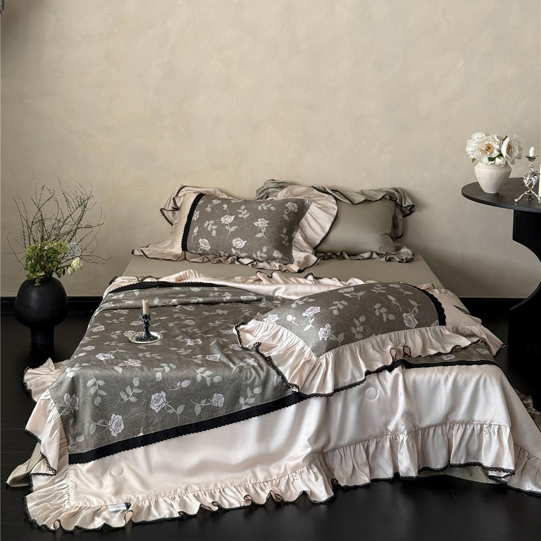 Olive gray TENCEL floral comforter styled in a neutral-toned bedroom