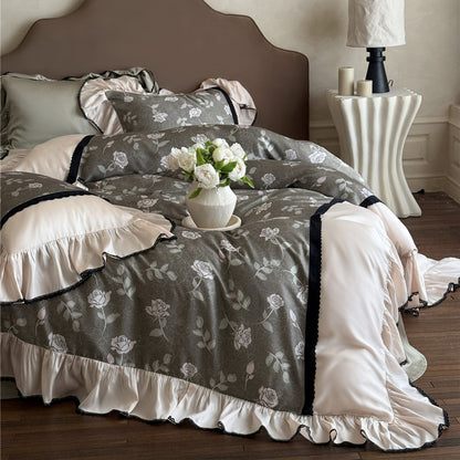 Tencel rose floral bedding set with pastel ruffles in olive green color