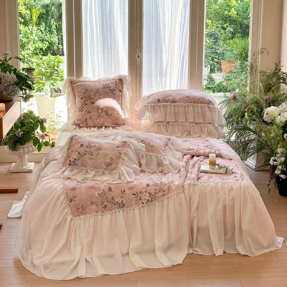 Pink floral TENCEL comforter with sheer ruffle detail