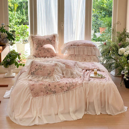 Pink floral TENCEL comforter with sheer ruffle detail