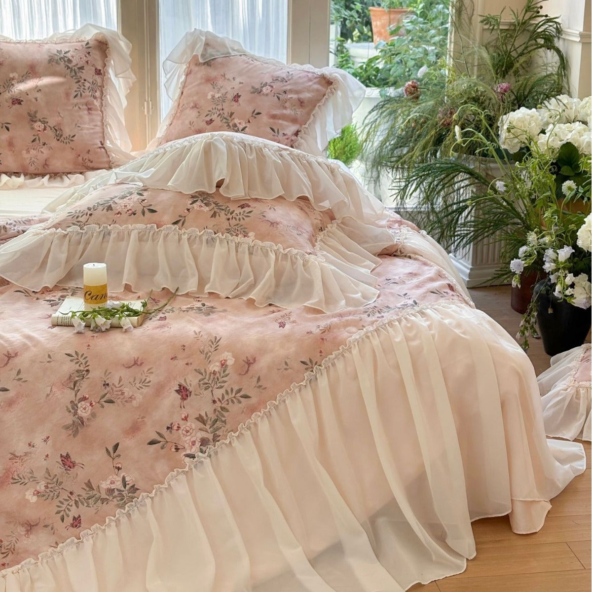 Close-up of ruffled pink floral comforter