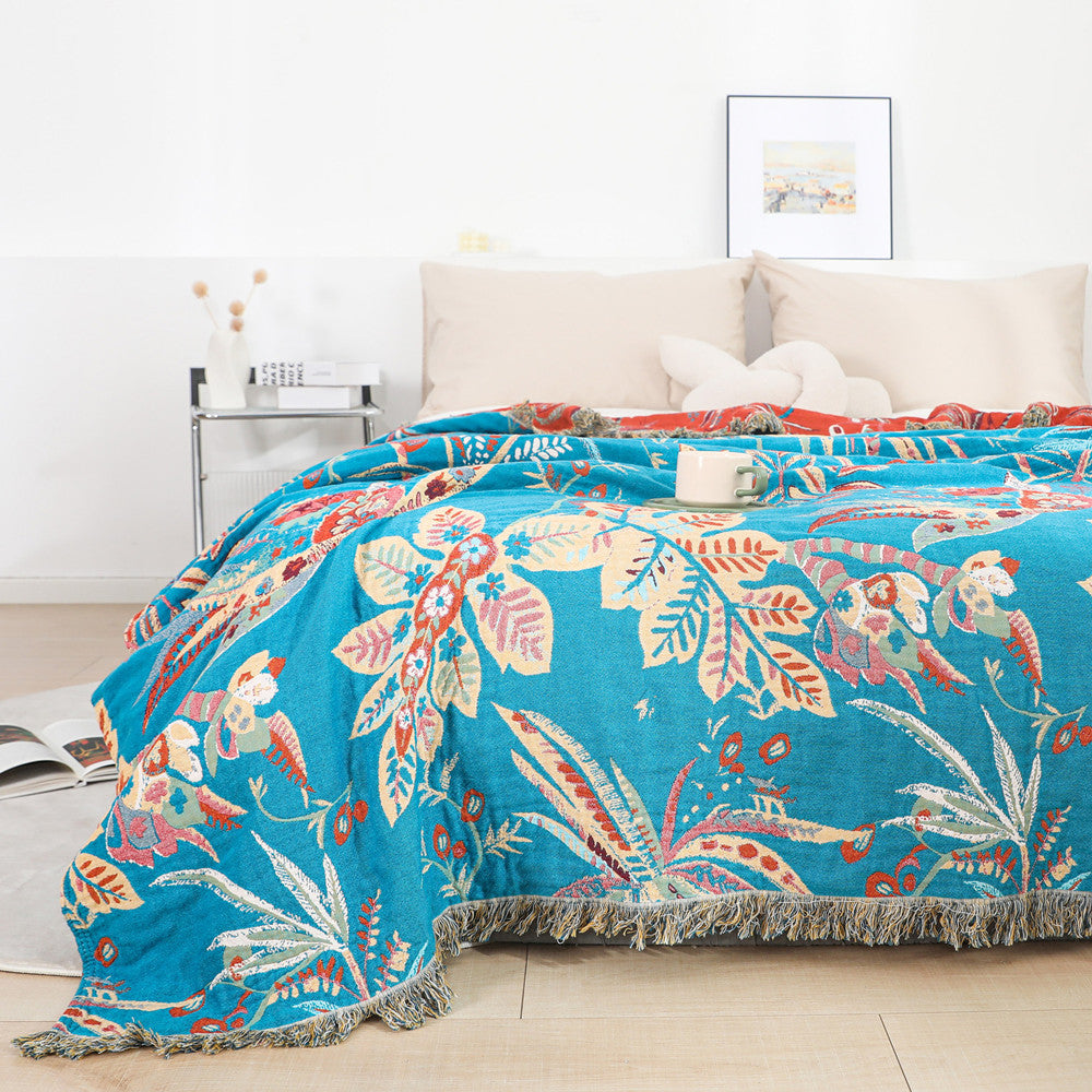 Fringe detail and edge of tropical jacquard cotton throw