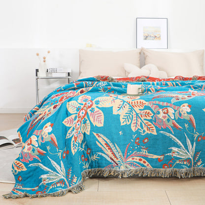 Fringe detail and edge of tropical jacquard cotton throw