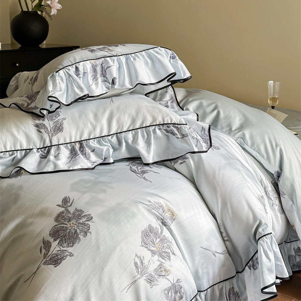 vintage inspired silky floral ruffle bedding